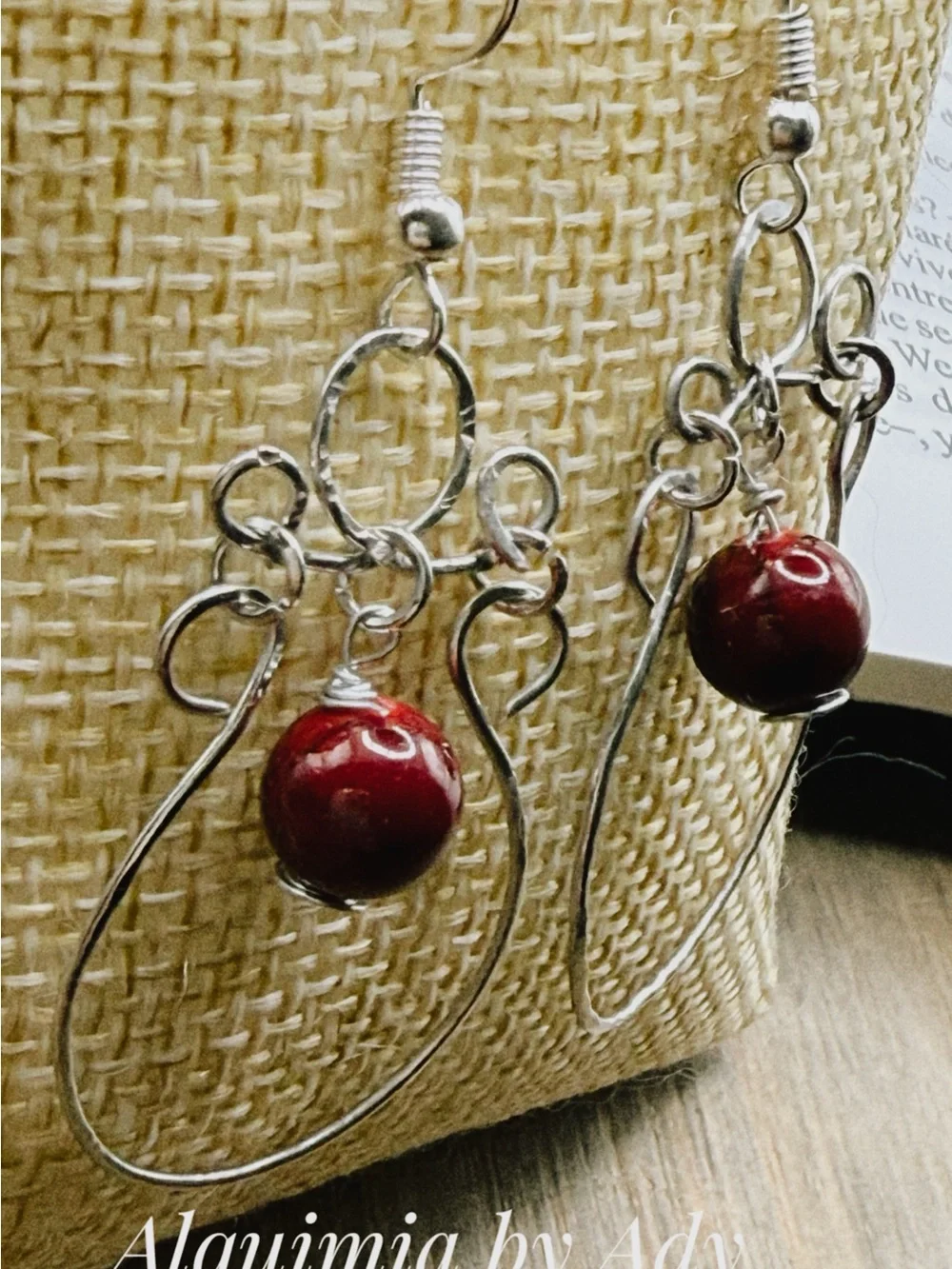 Boho chandeliers Silver-Tone Hoop Earrings with Deep Red turquoise Beads